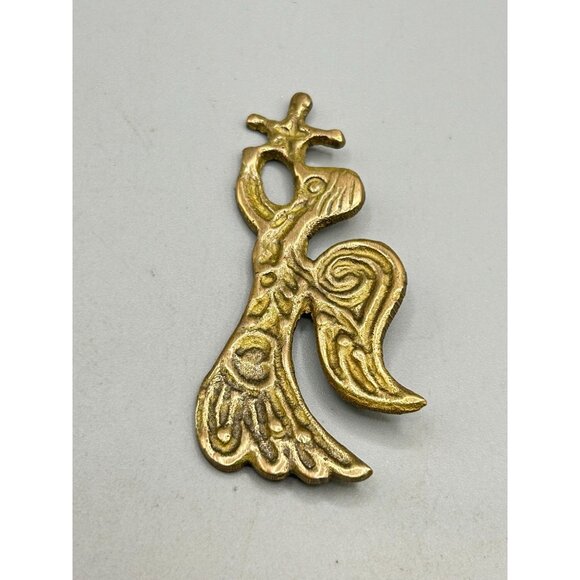 Brutalist Brass Brooch Angel with Star Artistic Design Vintage Handcrafted - Picture 3 of 6